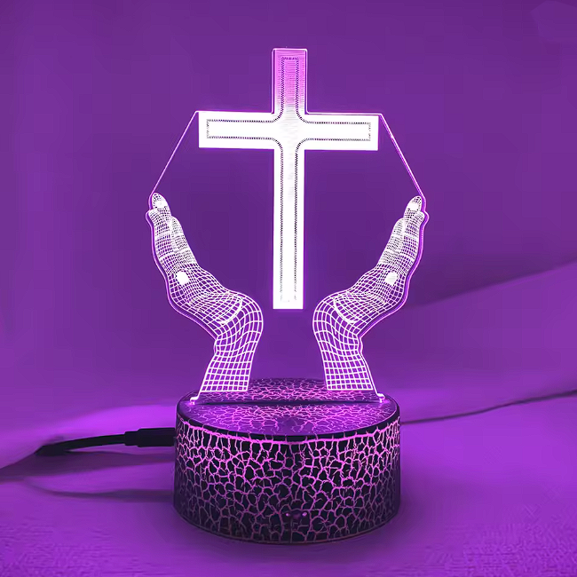 3D LED Night Light- Praying Hands Holding Cross | Spiritual Home Decor | Religious Gift
